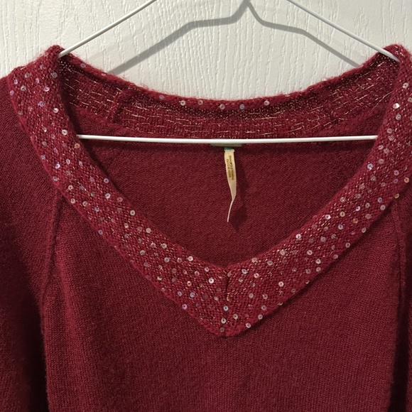 Free People Burgundy Red Beaded Deep V Sweater - Picture 2 of 6